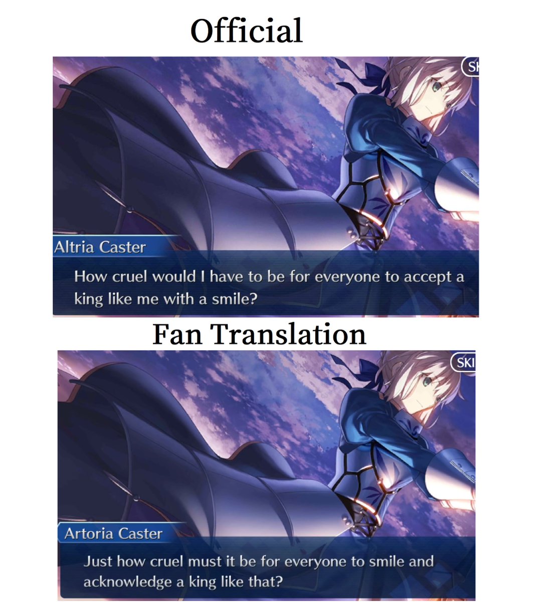 To elaborate on this line in particular. Castoria's line is a callback In  FSN and Zero, Shirou and Kiritsugu both say that the people of Saber's era  were cruel to accept her, image size:1089x1200