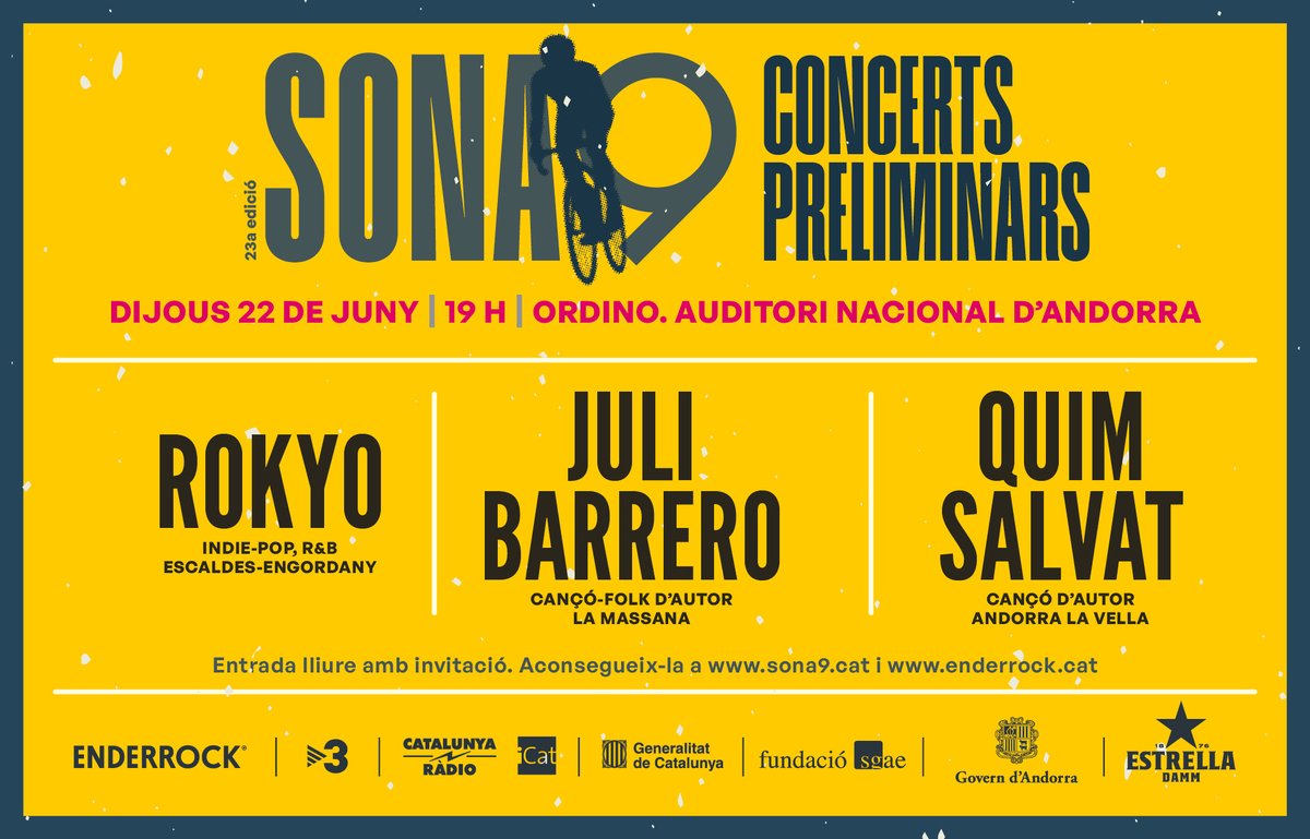 sonanou's tweet photo. Aquest dijous 22 de juny 8è concert preliminar del #23Sona9 amb les propostes andorranes classificades. A les 19h a l'Auditori Nacional d'Andorra a Ordino i amb les actuacions de #JuliBarrero #QuimSalvat i #Rokyo. Entrada gratuïta! Invitacions 👉https://t.co/JgHQ4q9kvS https://t.co/Fqtzin9Uzc
