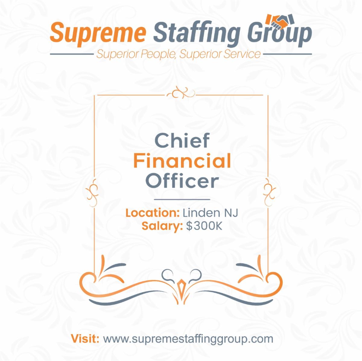 Join our client's team in Linden, NJ as Chief Financial Officer with a salary of $300K. 🔔 

Apply now: bit.ly/3CmNbZo

#CFOOpportunity #FinanceLeaders #eCommerceCompany #LindenNJ #CareerOpportunity #Jobopening #Supremestaffinggroup