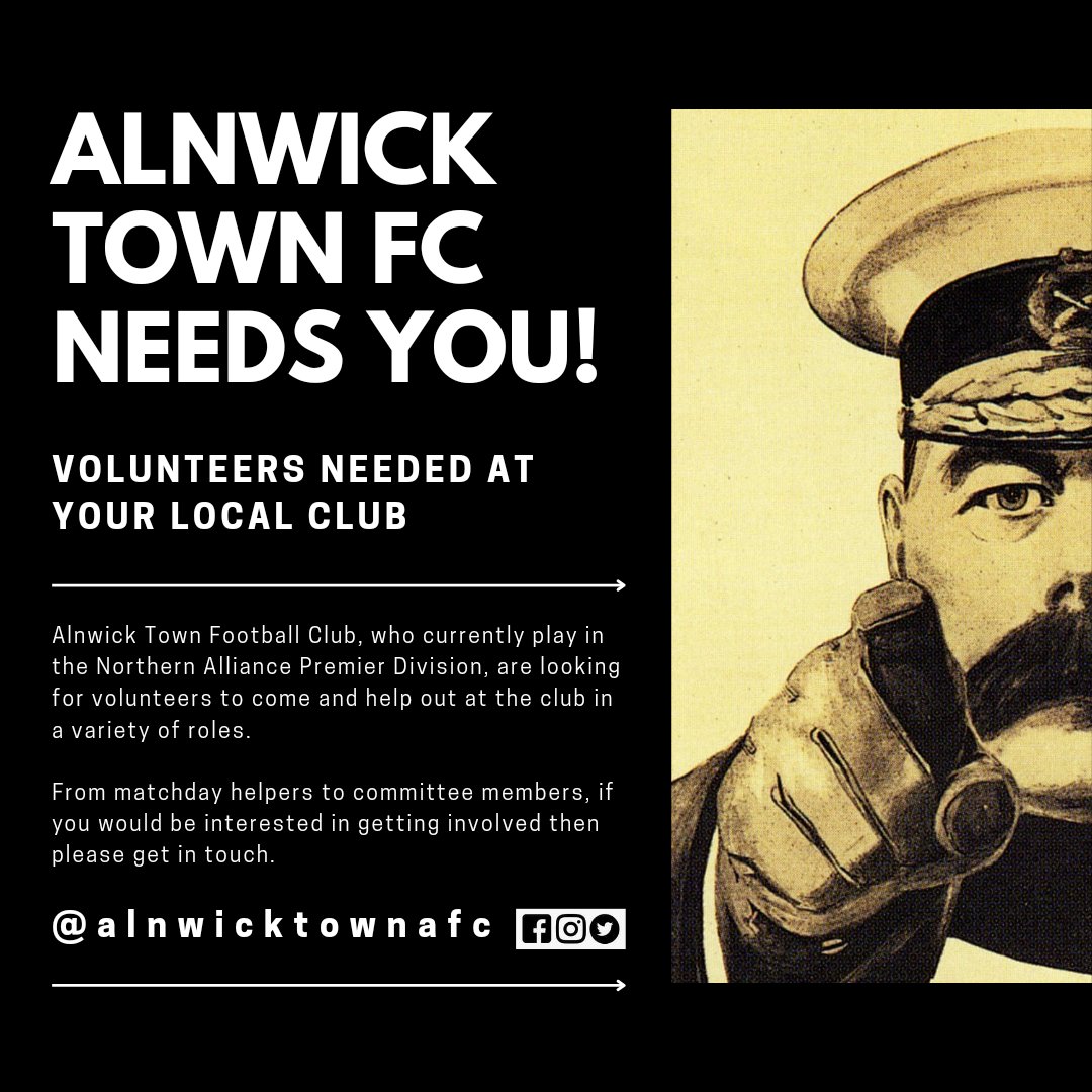 We Need You 🫵

Alnwick Town FC are looking for volunteers behind the scenes.

If you would like to get involved on a matchday and help on the bar, sell raffle tickets, clean the changing rooms, litter pick the ground etc then please get in touch.

Please RT to spread the word.
