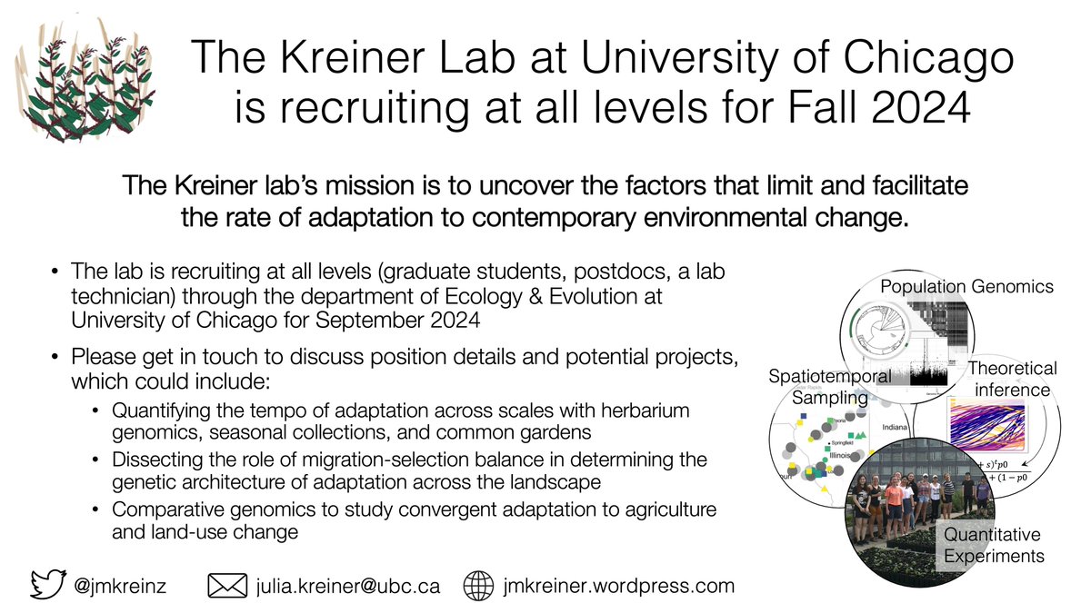Julia Kreiner (@jmkreiner) on Twitter photo Hi #Evol2023! I'm heading your way and am excited to start recruiting for my forthcoming lab at <a href="/UChicago/">The University of Chicago</a>.
If you're interested in the genetics of adaptation and/or plant evolution, I'd love to get in touch! You can also catch me after my talk on Friday aft (ASN ECI Symposium). Hi #Evol2023! I'm heading your way and am excited to start recruiting for my forthcoming lab at <a href="/UChicago/">The University of Chicago</a>.
If you're interested in the genetics of adaptation and/or plant evolution, I'd love to get in touch! You can also catch me after my talk on Friday aft (ASN ECI Symposium).