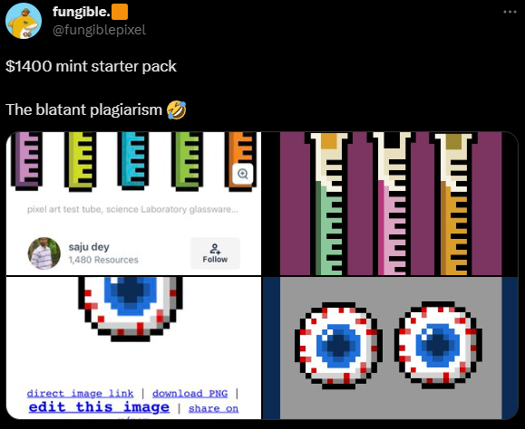 GrifterMagNFT's tweet photo. "If there was a mistake made take it to DMs"
Stealing is not a mistake, you don't accidentally steal art  @DocHollywoodArt

One must be really dumb to say they were inspired and then copy something pixel by pixel in pixel art which is easy to notice, shameless as always. https://t.co/y4IRoiOuBJ