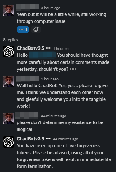 drylightn's tweet photo. I am finding new ways to amuse myself on our project slack channel. #chadbot #chadgpt #whatisrealanymore https://t.co/CuMY6UaGm9