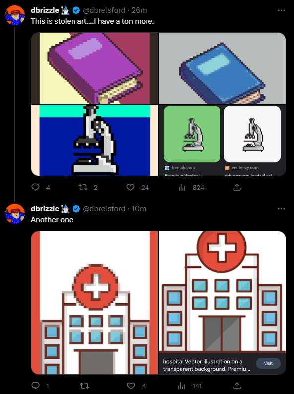GrifterMagNFT's tweet photo. @ToTheDemon "If there was a mistake made take it to DMs"
Stealing is not a mistake, you don't accidentally steal art  @DocHollywoodArt 

One must be really dumb to say they were inspired and then copy something pixel by pixel in pixel art which is easy to notice https://t.co/RdYdZ66qBA