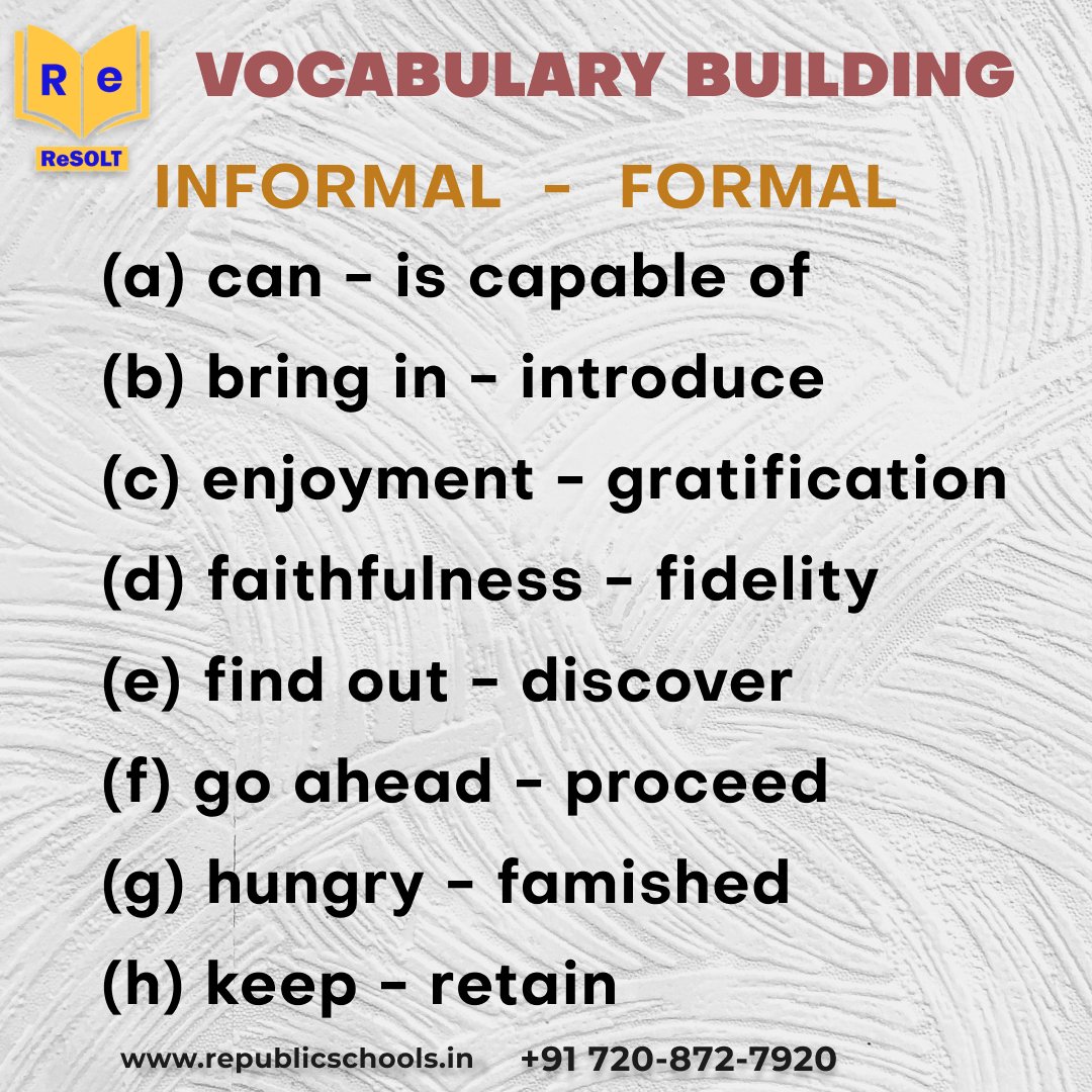 More to know. Enhance your English by learning more precise words. Understand the vocabulary usage based on their use. So here are some formal and informal word lists. Check this out!

#everydayenglish #englishspeaking #learnenglishonline #basicenglish #learnenglish