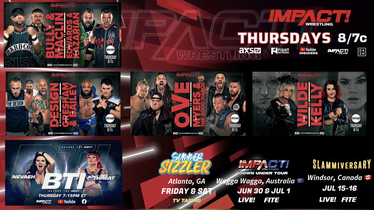 @bryanalvarez Nice #Aewcollision  | decent showing

⏩ ⏩ Thurs Night #IMPACTonAXSTV  8pm

Atlanta Fri and Sat | ticketmaster.com/impact-wrestli…
Wagga Wagga Australia🇦🇺 intix.com.au/event/impact-d…
Slammiversary Windsor 🇨🇦 eventbrite.ca/e/impact-wrest…