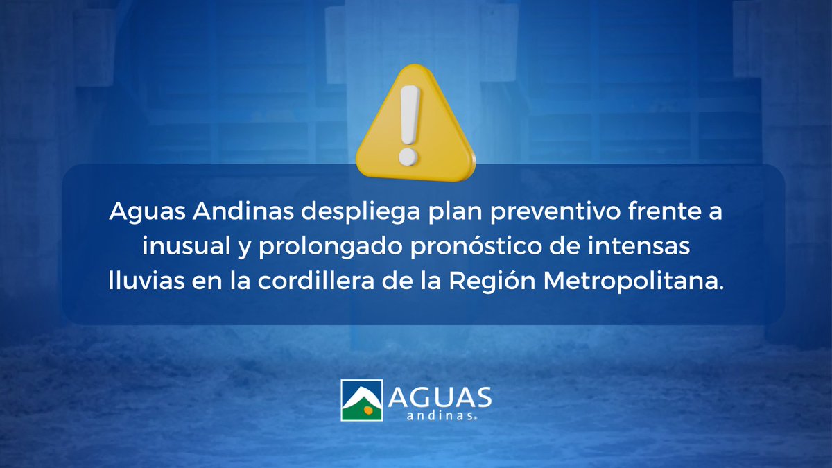 En un contexto en que se esperan precipitaciones por más 200 mm en la cordillera para los próximos 3 días, hemos movilizado y reforzado todos sus recursos técnicos y profesionales, para enfrentar eventos de turbiedad extrema en los ríos. 

➡️bit.ly/3XgM5I9