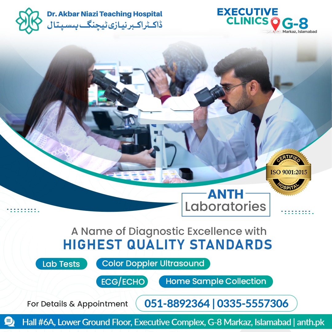At #ANTH Laboratories, you get the highest quality and standardized screening and diagnostic facilities.

Details &amp; Appointment
📞 0335-5557305-6, 051-8153000-5, 051-8449903-4
#laboratory #healthcarescreenings #labtests #homesamplecollection #ultrasoundscan #ISOCertified
