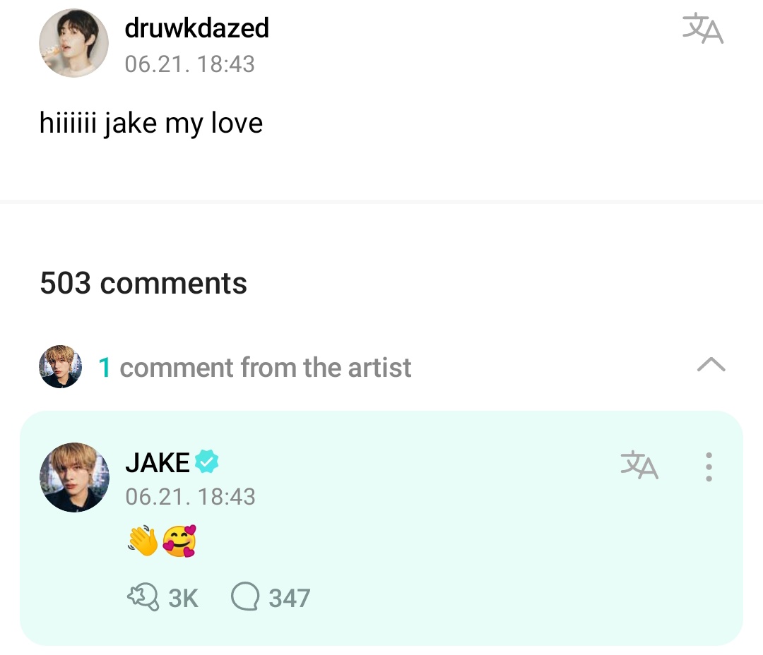 [210623] Jake Weverse'te hayranların gönderisine cevap verdi.

- Tatlış ikeuuu

#JAKE: ✌️

- Merhabaaaa Jake benim sevgilim

#JAKE: 👋🥰
 
#ENHYPEN @ENHYPEN_members
cr: enhypenweverse