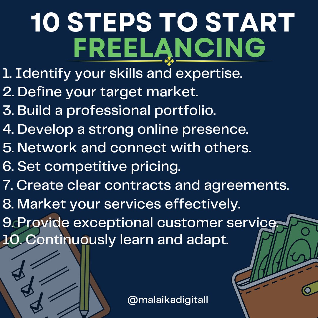 10 steps to start freelancing.
 #digitalcreator #digitalmarketing #digitalmarketingtips #digitalmarketingagency #contentcreator #seo #freelancers #businessideas #contentcreation #socialmedia #socialmedianews #makemoneyonline #research #foryou #success #freelancing