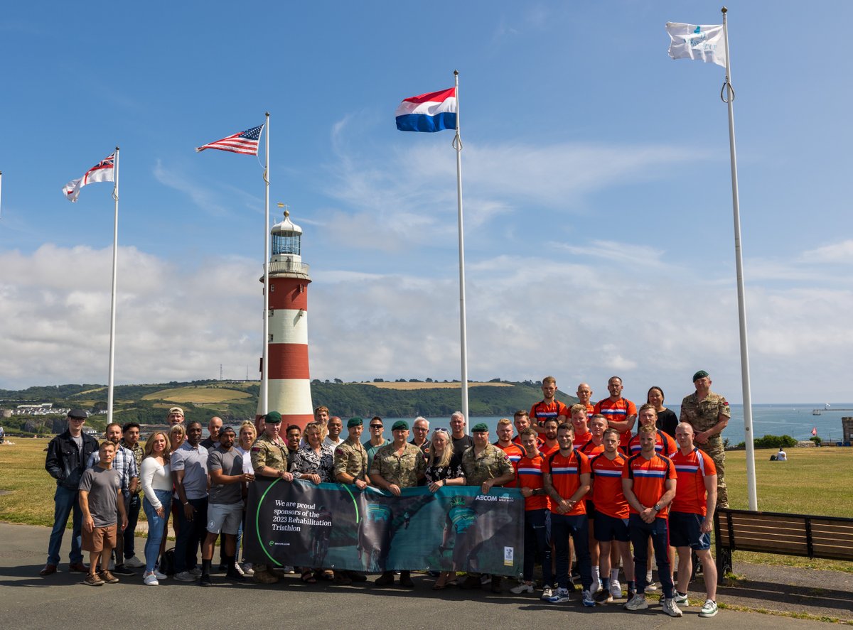 Today, we gathered on Plymouth Hoe with headline sponsor @AECOM with Councillor Sue Dann to welcome the Rehabilitation Triathlon international participants from the USA and Netherlands, along with hosts from Royal Navy Recovery Centre Hasler. See you tomorrow! 👏