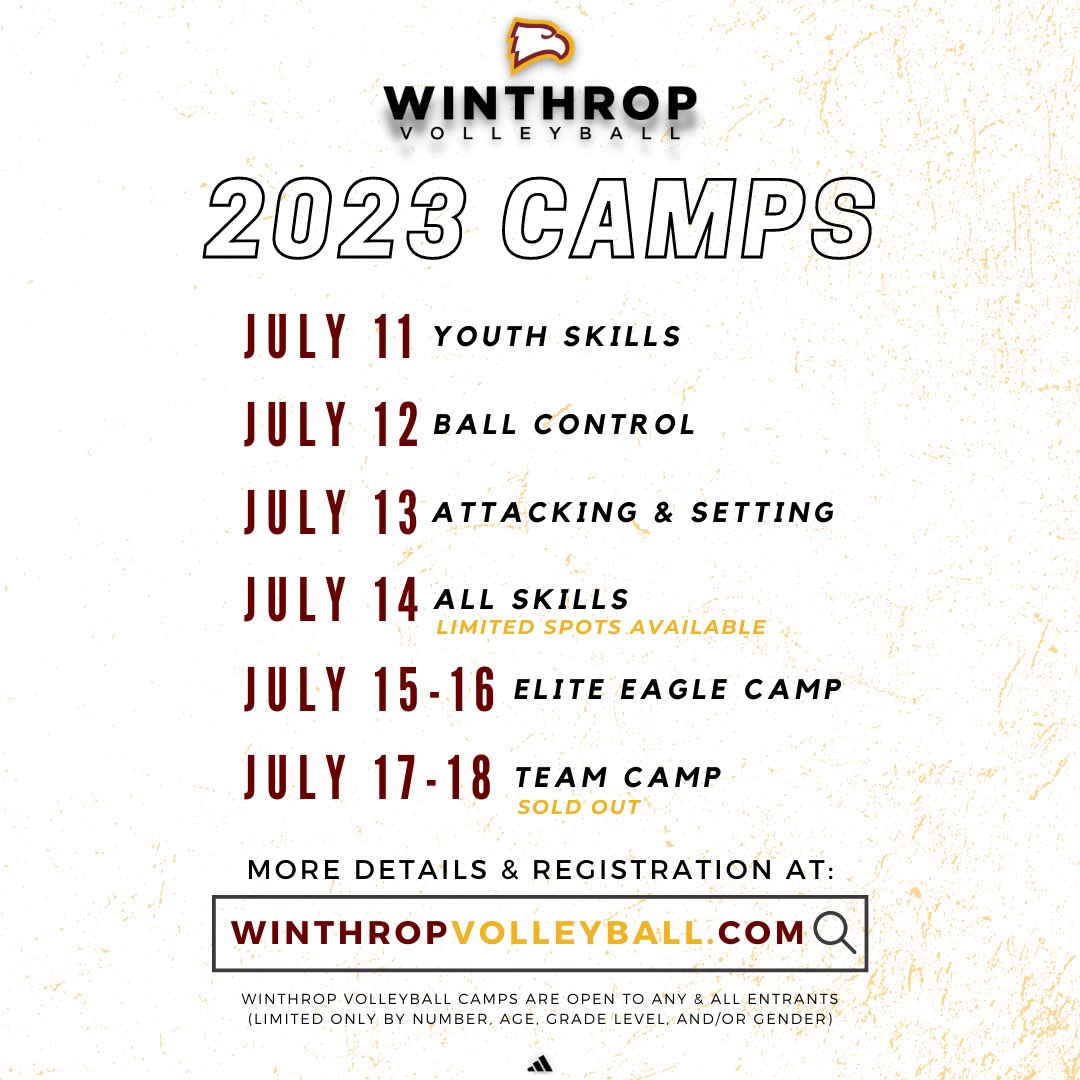 𝙒𝙐𝙑𝘽 𝙅𝙐𝙇𝙔 𝘾𝘼𝙈𝙋𝙎🗓️

Spaces are limited so register soon to reserve your spot!

🔗: Info & registration can be found on WinthropVolleyball.com
•
•
#ROCKtheHILL | #NCAAVB 
#volleyballcamp