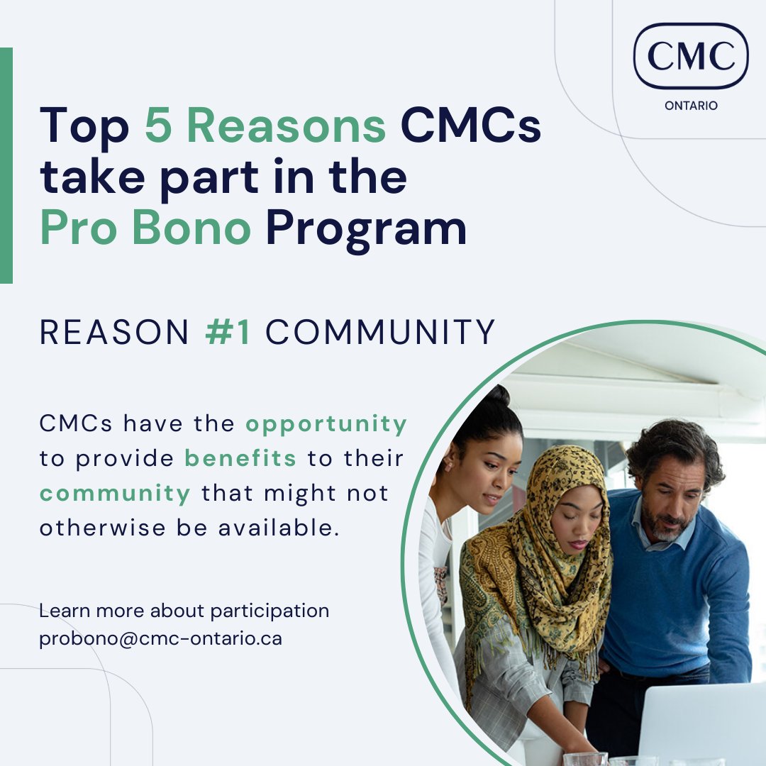 Reason #1 Community! CMCs will provide benefits to their community that might not otherwise be available. Sign-up today and become part of the CMC Pro Bono Program cmc-canada.ca/Ontario/Ontari…