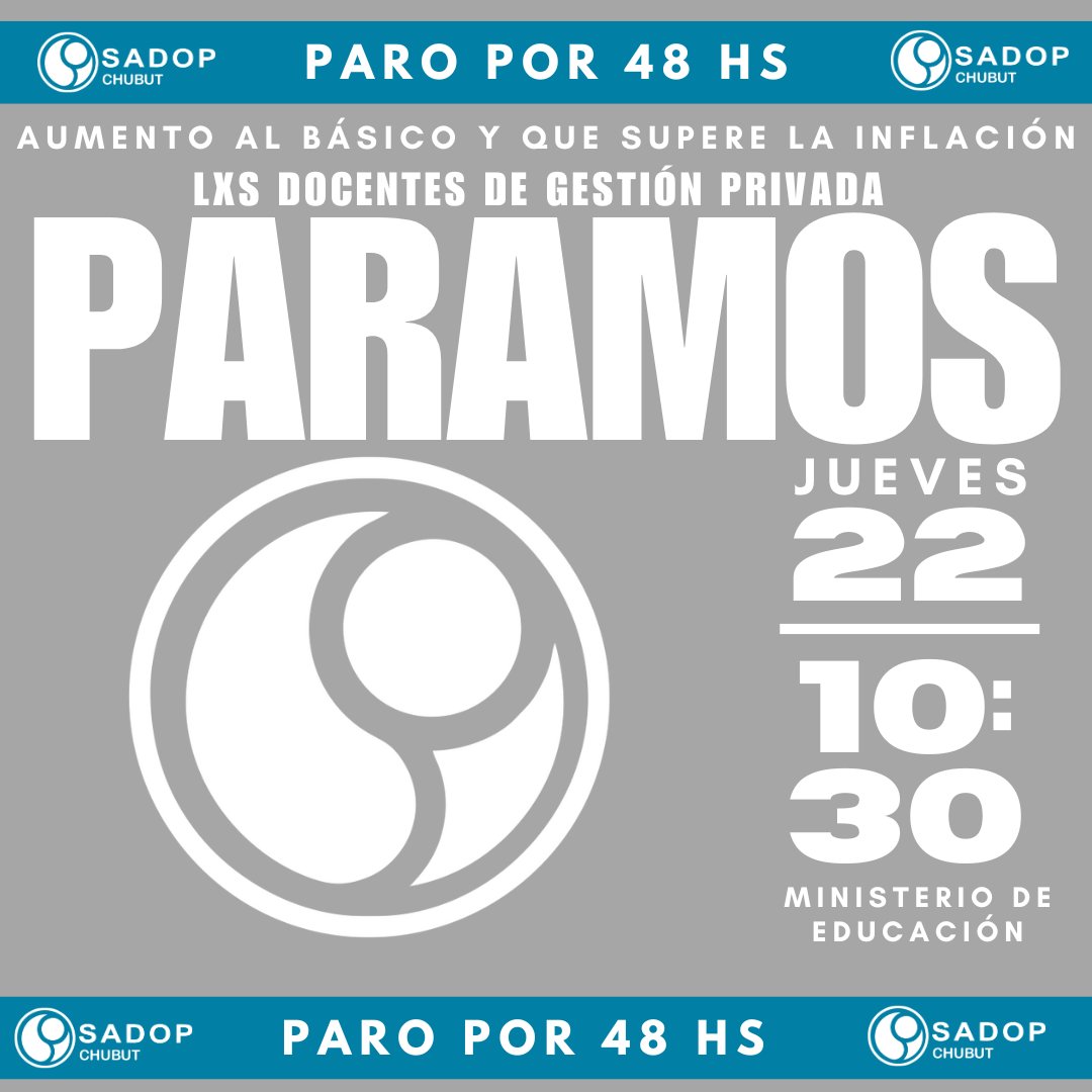 SADOPCHUBUT's tweet photo. En el marco de la convocatoria de Sadop a PARO POR 48Hs, mañana jueves 22 , nos encontramos a las 10.30hs en el Min. de Economía en Rawson. 
Mañana será una jornada importante, siendo una acción conjunta a Amet y Atech a nivel provincial https://t.co/i8EzUG8esz