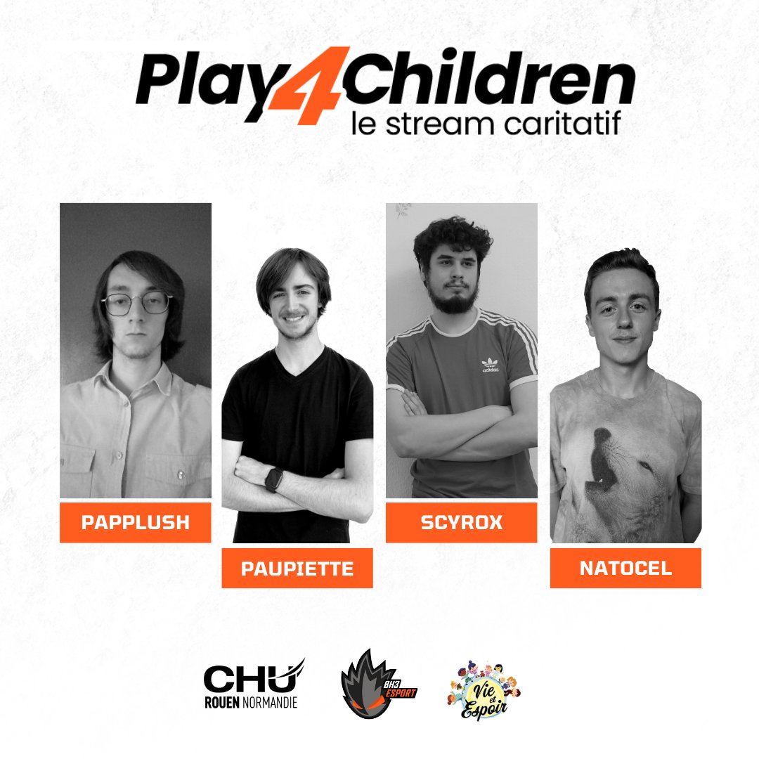 La team 🌟#play4children🌟 est au complet avec ces 4 derniers noms !
Tout le week-end nous collecterons des fonds pour les enfants du <a href="/CHURouen/">CHU de Rouen</a> et l'association Vie et Espoir ! 🫶
<a href="/Papplush/">Papplush</a>
@Paupiette76off 
scyrox
<a href="/natocel/">Natocel</a>

A samedi, 10h sur twitch.tv/bh3_esport ! 👀