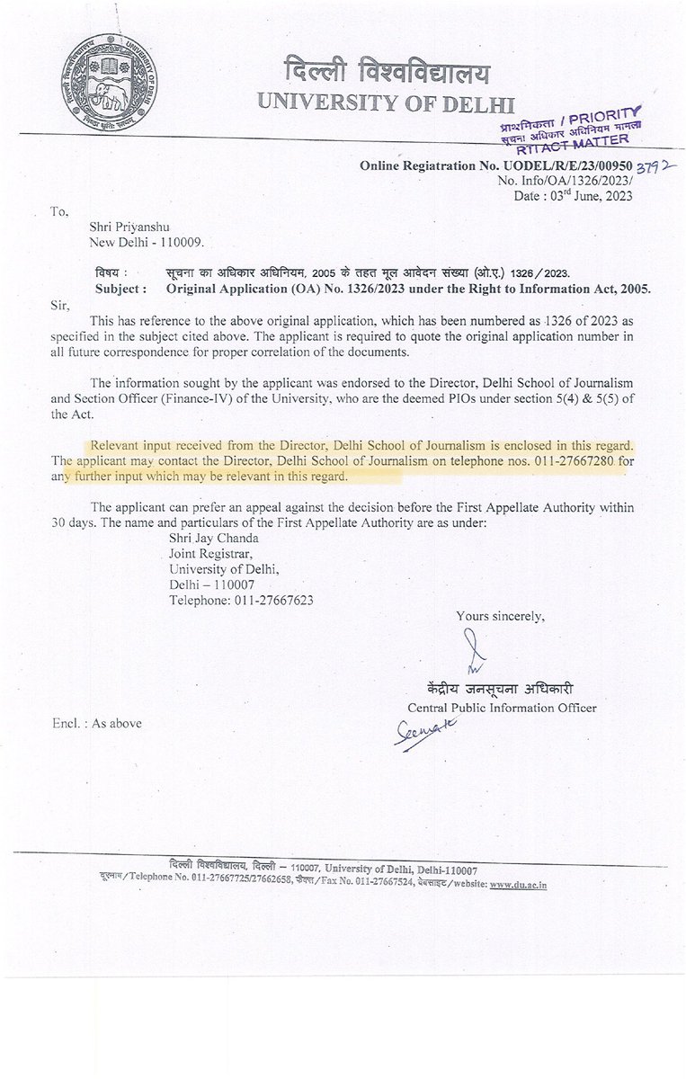 Priyanshu00017's tweet photo. When asked @UnivofDelhi through RTI how much fund had been given to Delhi School of journalism, which comes under faculty of social sciences, the director neglected any sort of fund being given to the department from university
@EduMinOfIndia @PTI_News @IndianExpress @dpradhanbjp https://t.co/oLu8ZZTDHg