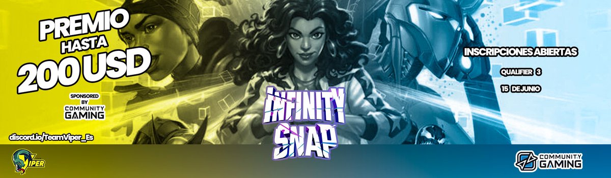Penúltimo día para poder registrarse al 3er y último qualifier de nuestro torneo de Marvel Snap "Infinity Snap", patrocinado por <a href="/CGaming_LatAm/">Community Gaming LatAm</a>, y poder ser de los 8 finalistas y  ganar hasta 200 dólares en premios, registrate ya!!

teamviper.site/infinity-snap-5

#TeamViper 🐍