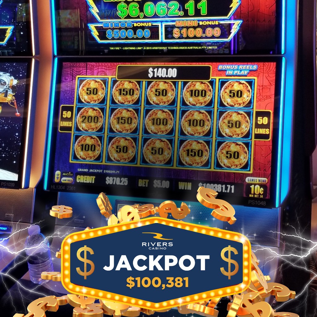 ⚡️LIGHTNING LINK⚡️strikes again with another SIX-FIGURE winner! 
Our lucky winner hit a massive $100k #JACKPOT on a $5 bet! 

#JackpotWinners #RiversCasino #BigWins #FeelingLucky

GAMBLING PROBLEM? CALL 1-800-GAMBLER.