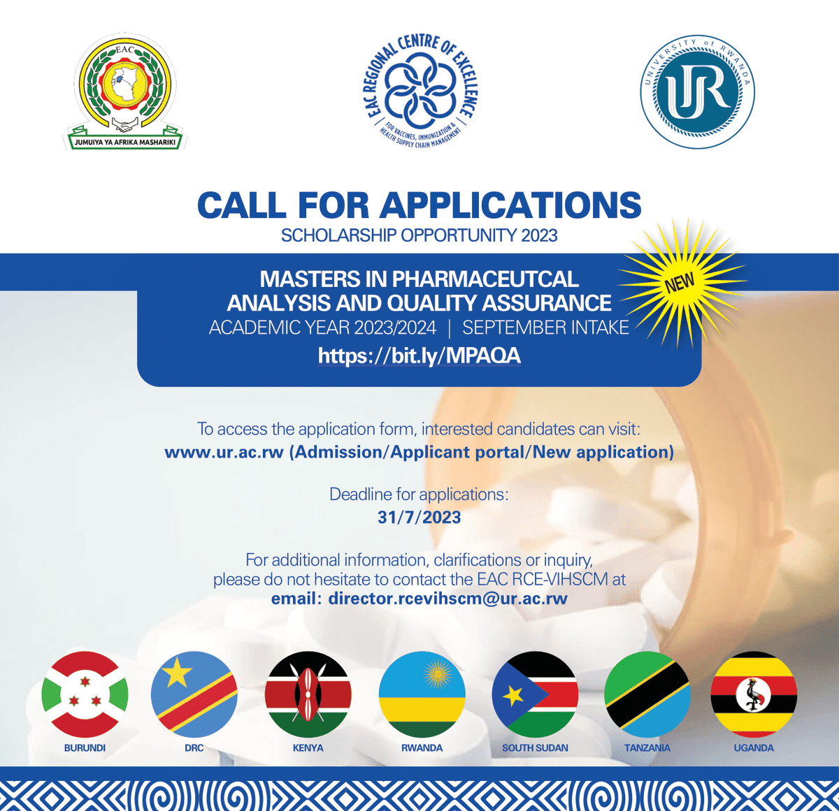 📢 NEW!! Are you passionate about access to quality medicines? We have you covered! Excited to announce our new master’s programme with fully covered scholarships for East Africans. Learn more ➡️ bit.ly/MPAQA 📆Application deadline: 31/7/2023 #EAC @jumuiya @Uni_Rwanda
