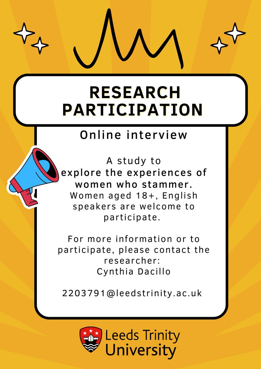 I am glad and excited to share this! 
I´ve got my ethics approval! 
To obtain my MSc in Psychology (Conversion) at Leeds Trinity University, I am researching to explore the experiences of women who stammer! I would be happy if you could gently share this! 🙏💙