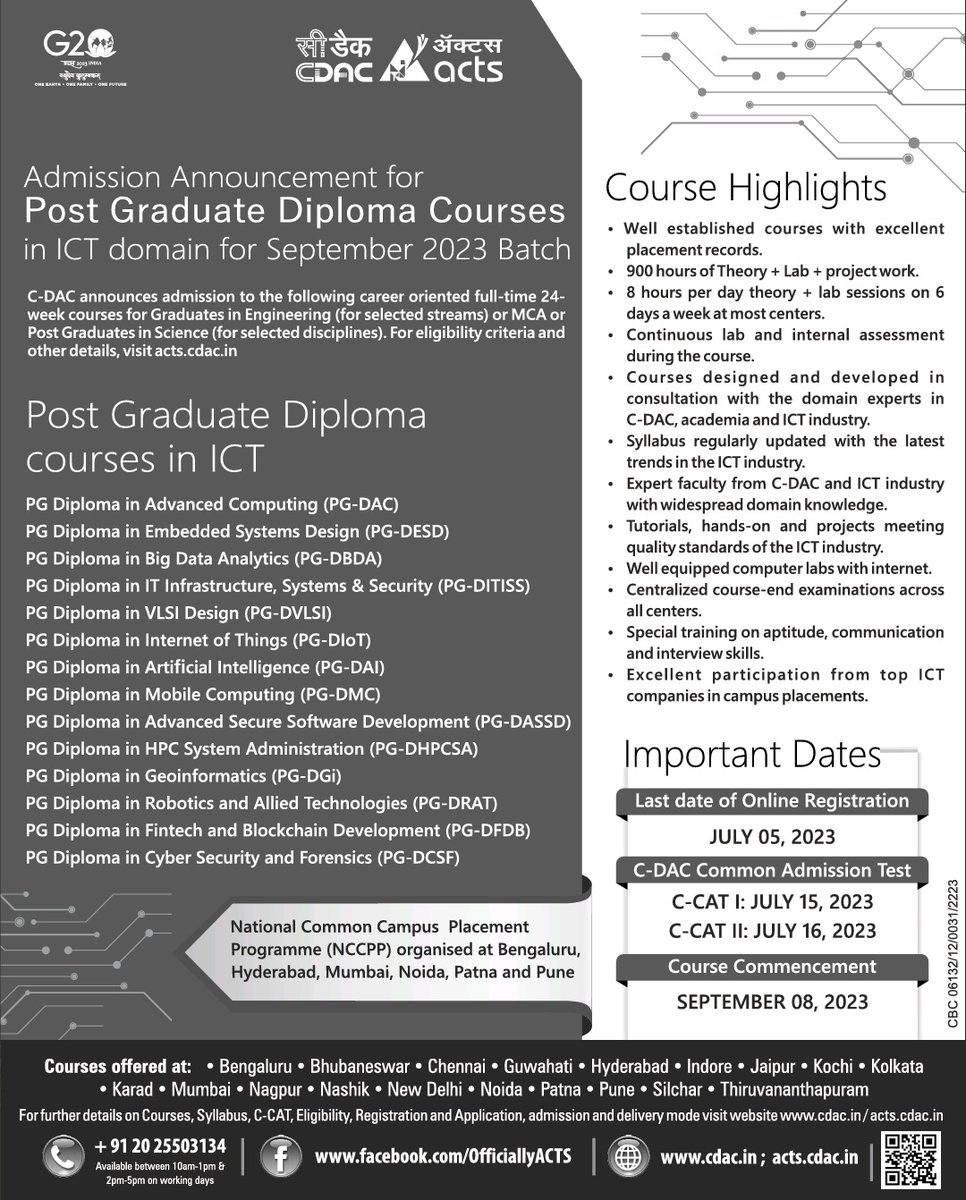 For September 2023 PG-Diploma batch registration is open.Exam is on 15th /16th july.last date for CCAT exam registration is 6th july..#CDAC #CDACNOIDA #NCR #NOIDA #noidanews #lucknow #Lucknowcity #Allahabad #LucknowNews #prayagraj #kanpur #KanpurNews  #noidafreshers #freshers2023