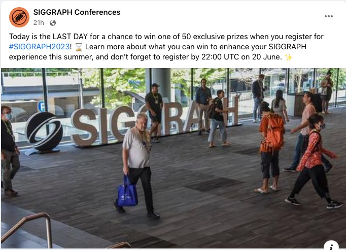 Yesterday was the last day to get in the raffle to win one of 50 prizes, just for registering for #SIGGRAPH2023. Good luck if you entered. And don't forget to play the Scavenger Hunt while you're there!!! #siggraphscavengerhunt. Because, if you like prizes, we've got prizes.