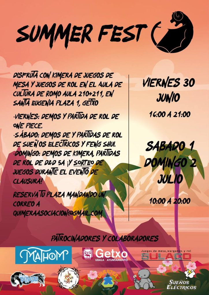 El viernes 30, sábado 1 y domingo 2 estaremos en el #summerfest organizado por <a href="/KimeraAso/">Asociación Kimera</a>. <a href="/GetxoUdala/">Getxo Udala</a> <a href="/BilbaoMathom/">Mathom Bilbao</a> <a href="/sulacojuegos/">Sulaco</a> ¡Os esperamos!