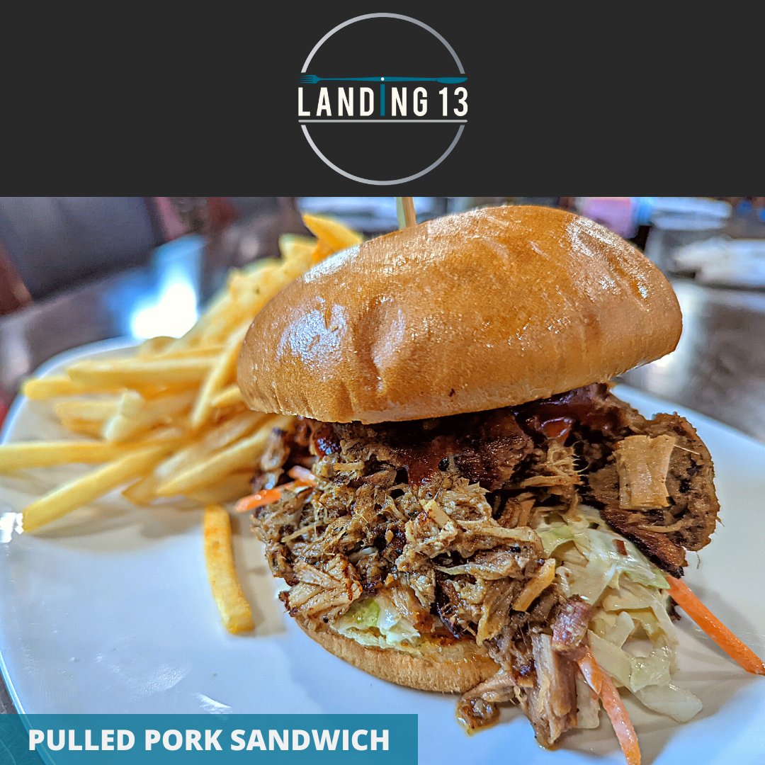 Try Landing 13's new Pulled Pork Sandwich! Pulled pork, house made bbq sauce, chipotle coleslaw, on a toasted bugliese bun, and served with fries.

#Landing13
#Porterville
#PulledPorkSandwich
#PulledPork
#Pork
#Sandwich