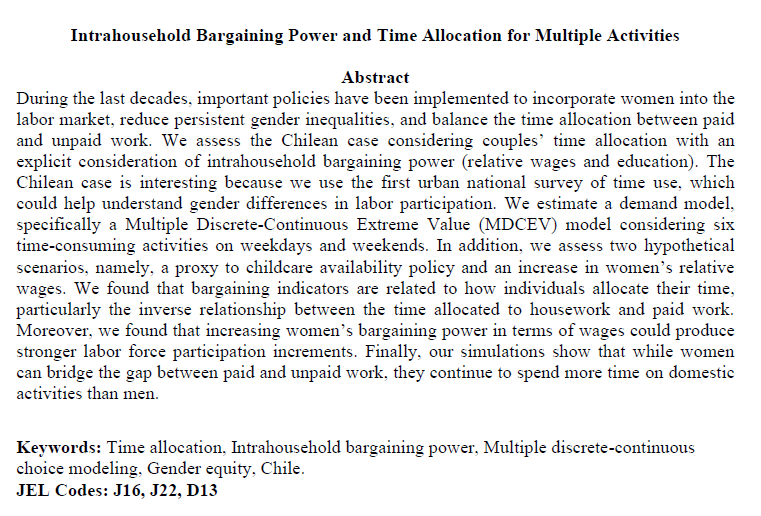 rocardenasr's tweet image. Finalmente nuestro paper fue aceptado en Latin American Economic Review! 

Analizamos la demanda de tiempo y su relación con el poder de negociación intrahogar, para datos chilenos. 
#gendergap #timeallocation #Chile
