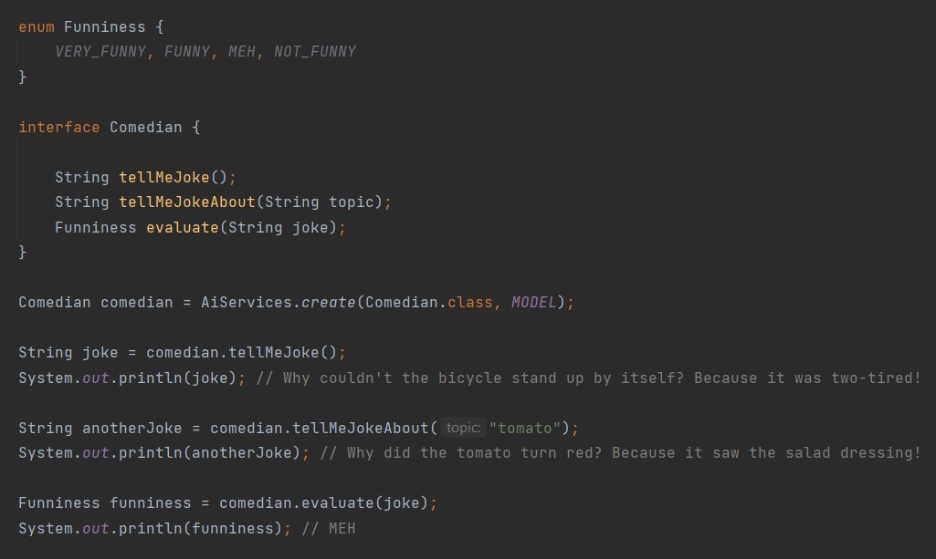 langchain4j's tweet image. We have added new cool feature called &quot;AI Services&quot;!
Now you can hide complicated logic of communication with LLM behind a simple Java interface!
Check it out: