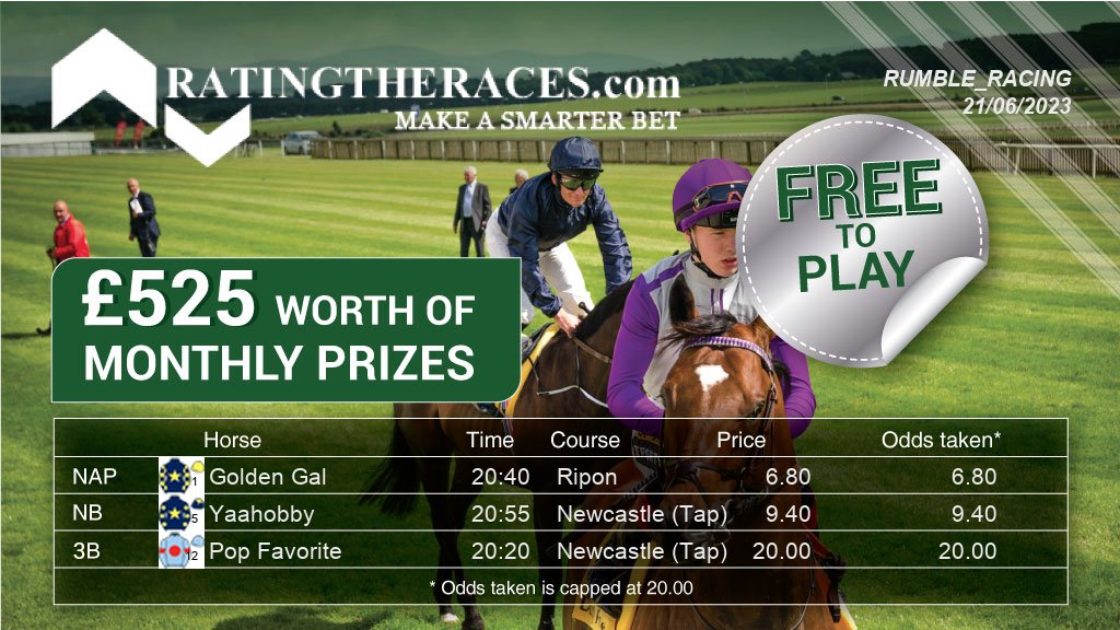 My #RTRNaps are:

Golden Gal @ 20:40
Yaahobby @ 20:55
Pop Favorite @ 20:20

Sponsored by @RatingTheRaces - Enter for FREE here: bit.ly/NapCompFreeEnt…