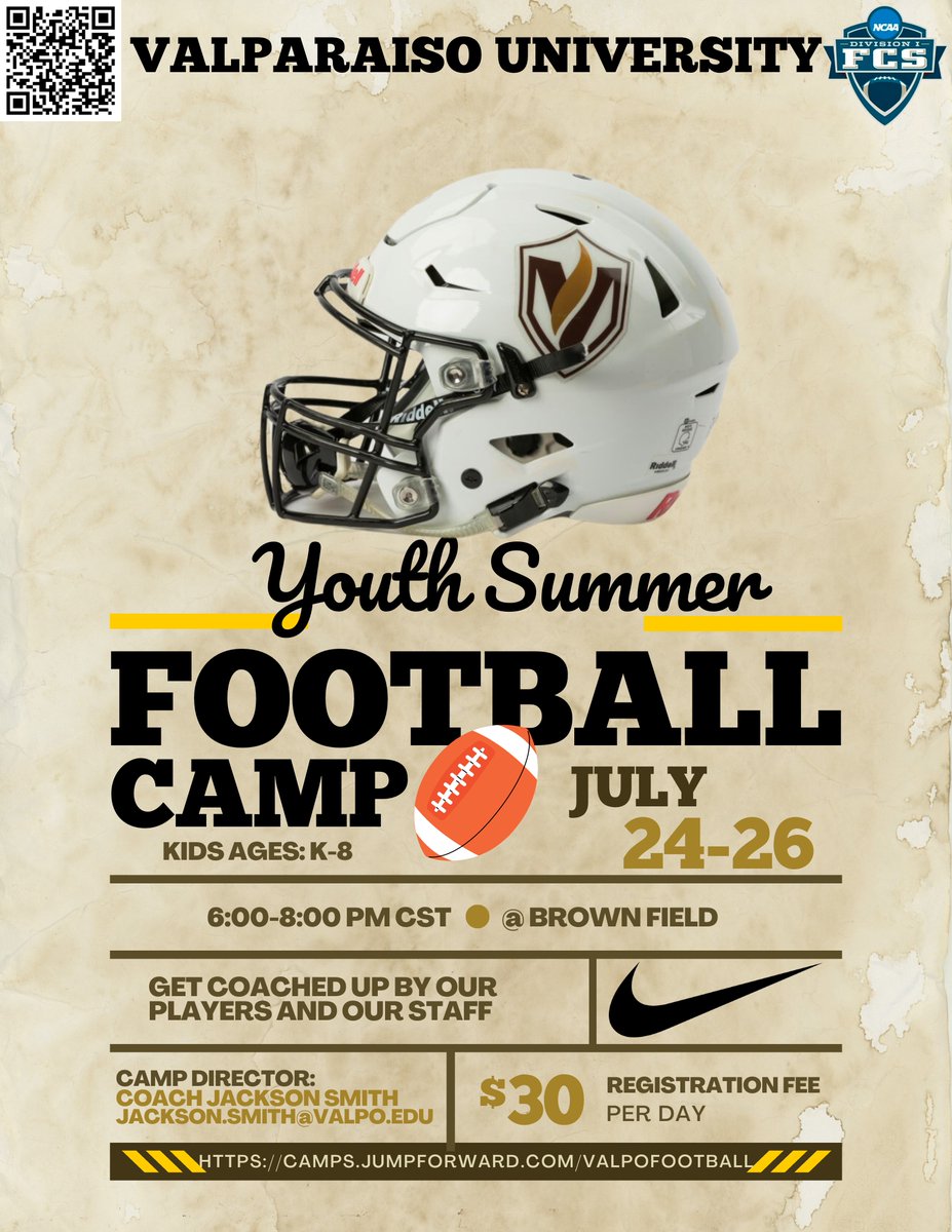 🔔KIDS CAMP🔔

The opportunity to meet and get coached up by Valpo Players and Coaches @ Brown Field! 

📅: July 24th, 25th, 26th 
⏰: 6:00 - 8:00 PM CST
🚩: Brown Field, Valparaiso, Indiana

SIGNUP ✅:
camps.jumpforward.com/valpofootball