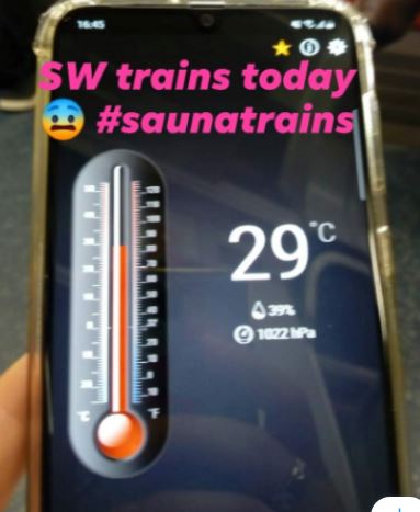 CathyMK's tweet photo. @SW_Help Any idea when the new SWR trains with AC will be rolled out as promised 3 years ago? The London Waterloo to Wimbledon trains are 29 degrees May-Oct!! 🥵🥵 https://t.co/8ynPZJIIgw