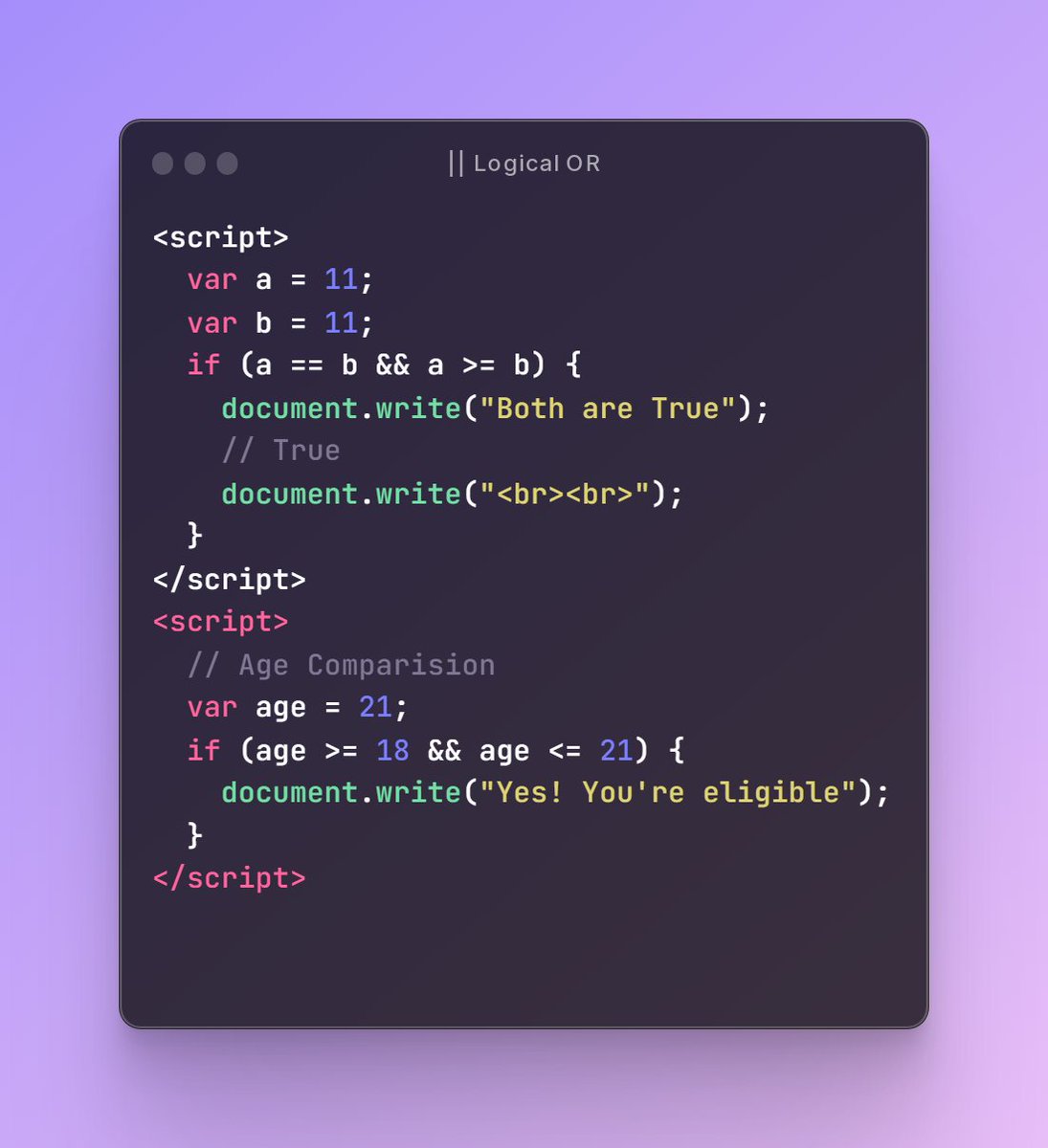 AshishChaubeys's tweet image. Day 4/100 | #100DaysOfCode
➡️ learned logical operator
➡️ Practice for following operator
• logical and (&&)
• logical OR (||)
• logical Not (!)
#100Devs #learncode #webdev #frontend #javascript