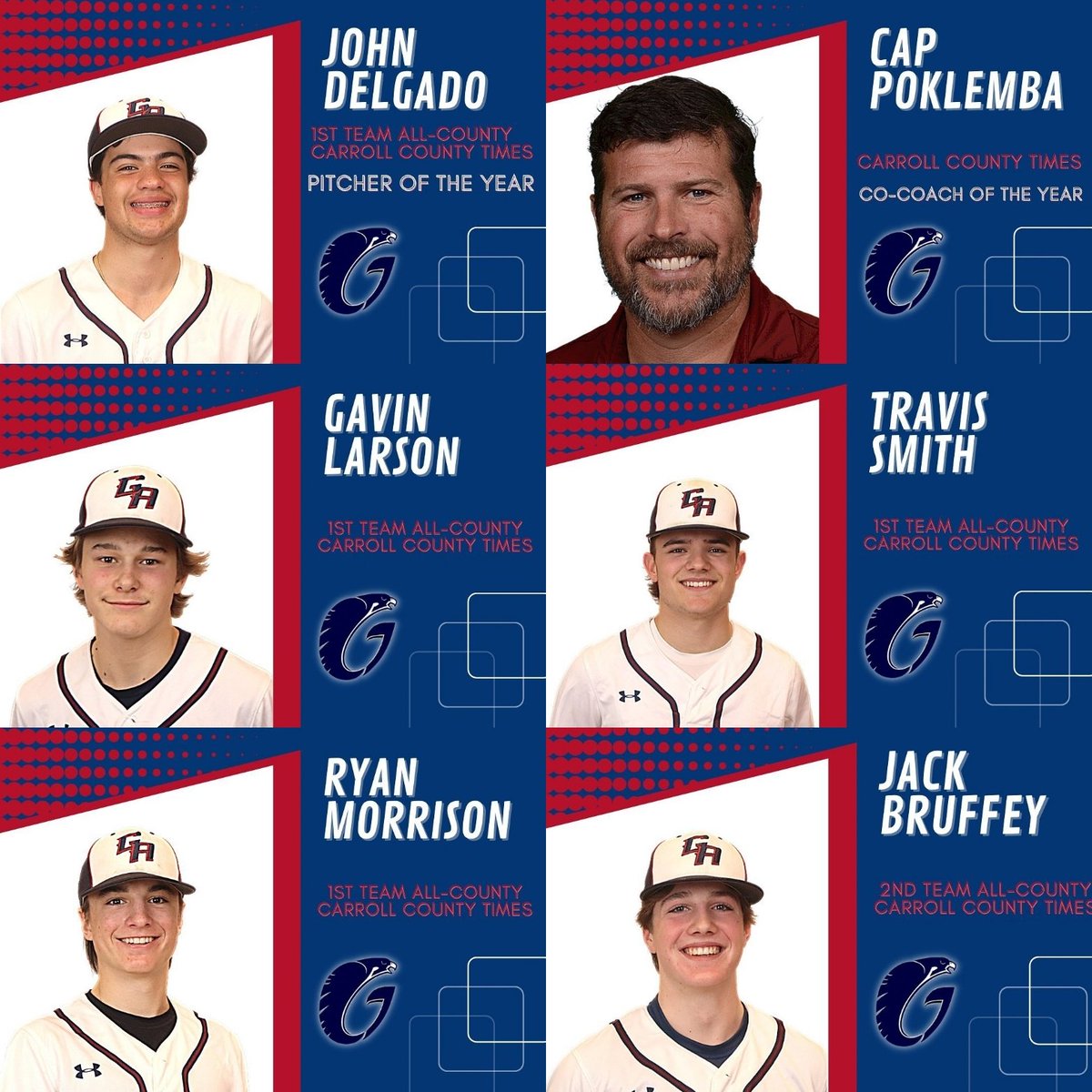 Congrats to all SIX of our Falcons for All-County honors.  4 First Team, 1 Second Team, Pitcher of the Year and Co-Coach of the year honors! <a href="/RyanMMorrison1/">Ryan Morrison</a> <a href="/SmithTravis/">Travis Smith</a> <a href="/Gavin_Larson3/">Gavin Larson</a> <a href="/cappoklemba/">CAP</a> @PBRMaryland @miaaathletics