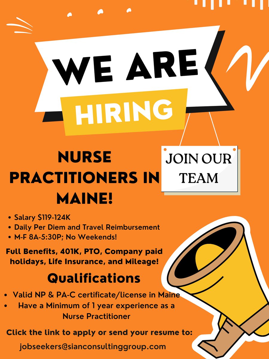 We are looking for #NursePractitioners throughout the state of #Maine! Salary ranges from $119-124k plus incentives! 
You can apply directly here: indeed.com/job/nurse-prac… or by sending your resume to jobseekers@sianconsultinggroup.com
#HealthcareJobs #MaineJobs