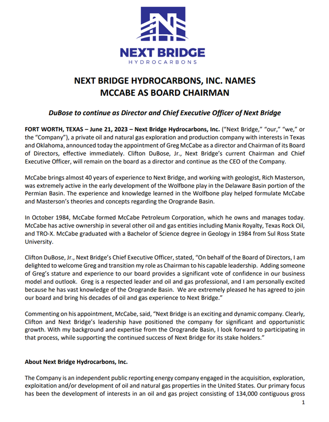 TradingSecrets7's tweet photo. $MMTLP Huge announcement, Greg McCabe named as Chairman of Next Bridge Hydrocarbons and Clifton Dubose to continue as a director and CEO. Greg has stated that Next Bridge "is an exciting and dynamic company" and is "positioned for significant and opportunistic growth. https://t.co/C3vljX7kI2