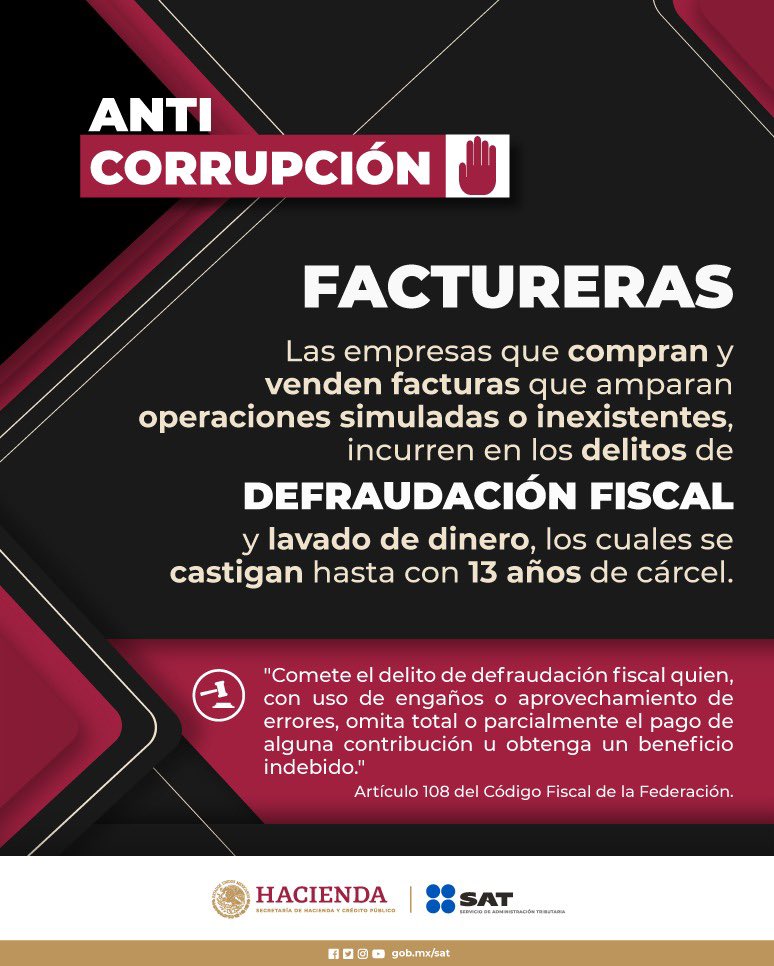 #Factureras 

La compraventa de facturas que amparan operaciones simuladas es un delito grave que se castiga hasta con 13 años de cárcel.

Sin tregua contra la corrupción