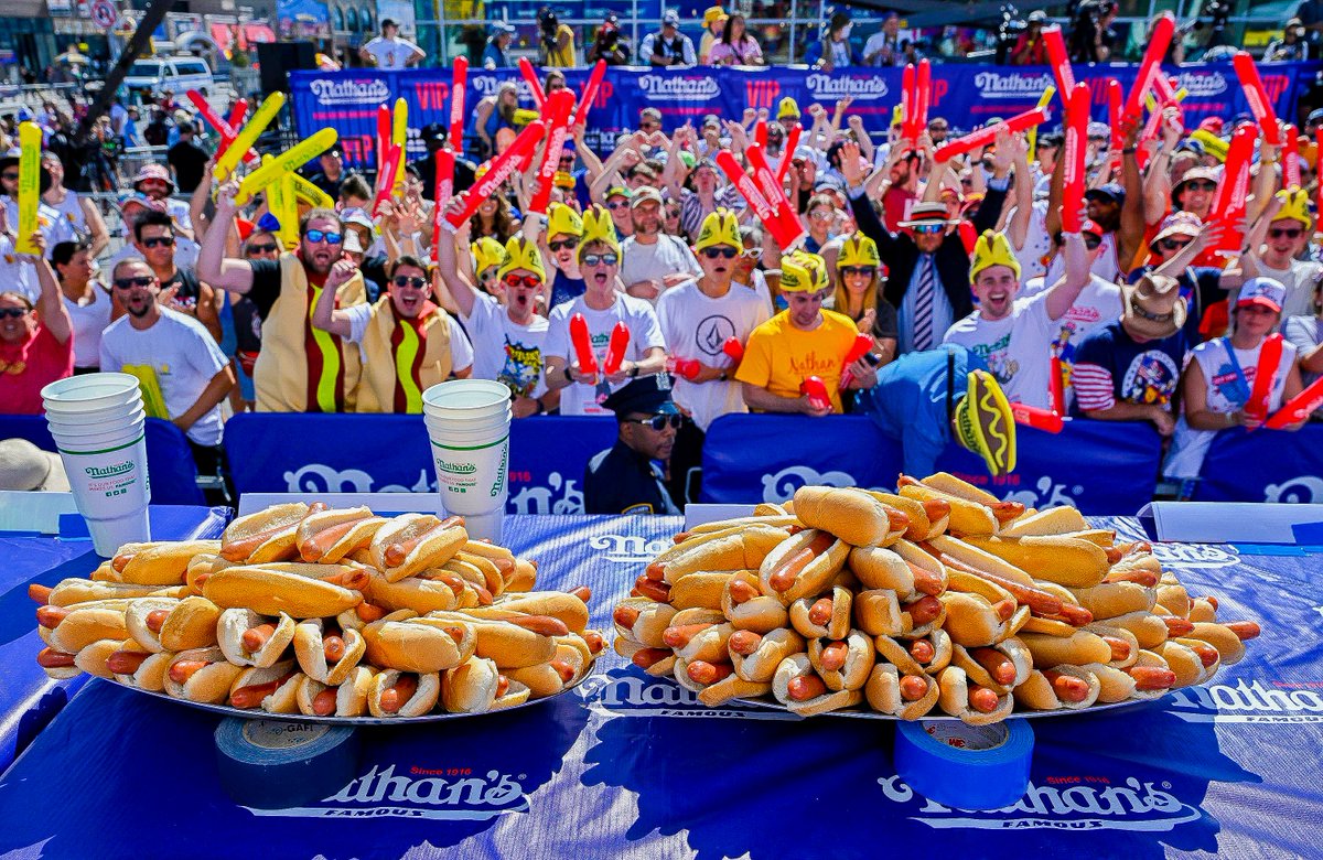 Hot dogs are just waiting to be eaten! Who is ready for the competition? We sure are! <a href="/originalnathans/">Nathan's Famous</a>