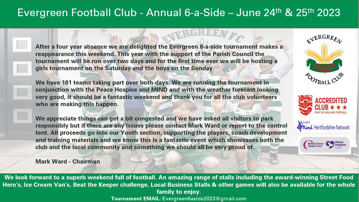 After a four year absence, we are delighted the Evergreen 6aside tournament makes a reappearance this weekend.  This is a fantastic event which showcases both the club and the local community and something we should all be very proud of. 👏⚽️💚