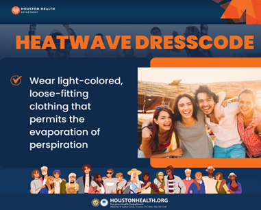 HoustonHealth's tweet photo. #Beattheheat with the #HoustonHealthDepartment!
Choose loose-fitting, light-colored clothing that are short-sleeved/sleeveless tops, #sunglasses & a hat.
Cool off at a #coolingcenter or #MultiServiceCenter.
For a list of cooling centers, click here https://t.co/BvXrC79h9Z https://t.co/XGpsTOd7Yk