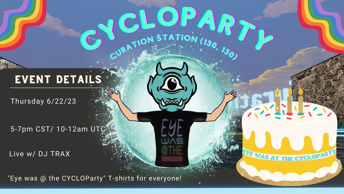Come join us for a special event this Thursday at the #CurationStation to celebrate @opaaq0's Birthday🥳🍾

@DJTRAXNFT will be dropping🔥 for 2 straight hours 

Come through, party it up, celebrate Cyclopa and go home with a 'Eye was at the CYCLOParty' T-shirt!