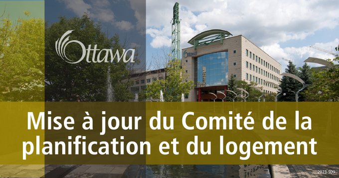 Illustration sur laquelle on aperçoit l’hôtel de ville d’Ottawa à l’arrière-plan. Au premier plan figurent un trait gris vertical et un trait jaune horizontal. L’inscription « Mise à jour du Comité de la planification et du logement » est au centre.