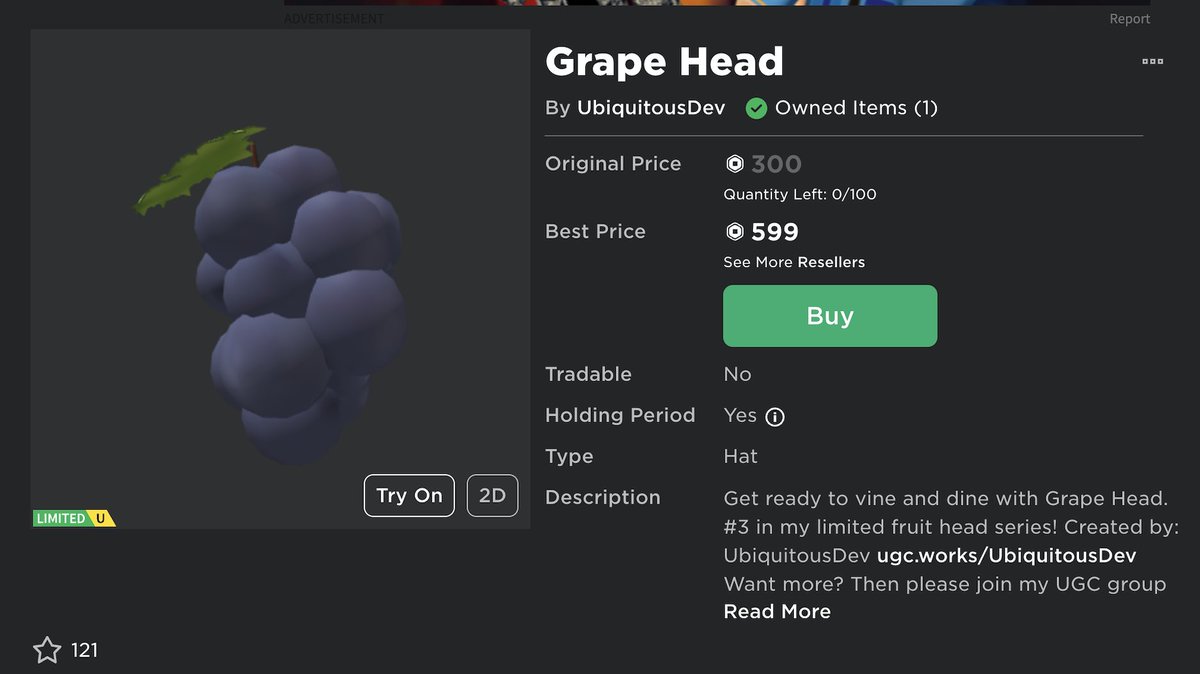 ubiquitous_dev's tweet image. UGC LIMITED now sellable! Grape Head (100 copies)! You can now buy and sell this head! roblox.com/catalog/133040… View all my UGC at: ugc.works/UbiquitousDev :) 

#roblox #RobloxUGC #RobloxUgcItem #RobloxLimitedUGC #RobloxDev #RobloxDevs