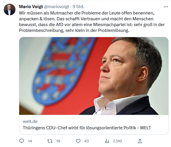 Ich will ihm ja nichts unterstellen, deshalb frage ich: Verstehe nur ich es so, dass Mario Voigt, Landesvorsitzender und wohl auch Spitzenkandidat der CDU Thüringen bei der #ltwth24, hier sagt, dass die CDU genau die Probleme lösen wird, die die AfD benennt?