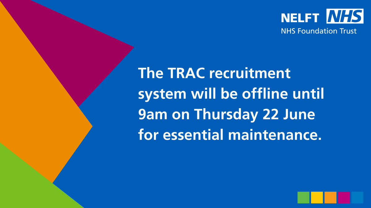 NELFT's tweet photo. The TRAC recruitment system is experiencing issues. In order to investigate &amp; resolve this, essential maintenance will be ongoing  until 9am on Thurs 22 June. You will be unable to access/proceed with job applications during this time. Apologies for the inconvenience caused. https://t.co/hhugcVS5fq