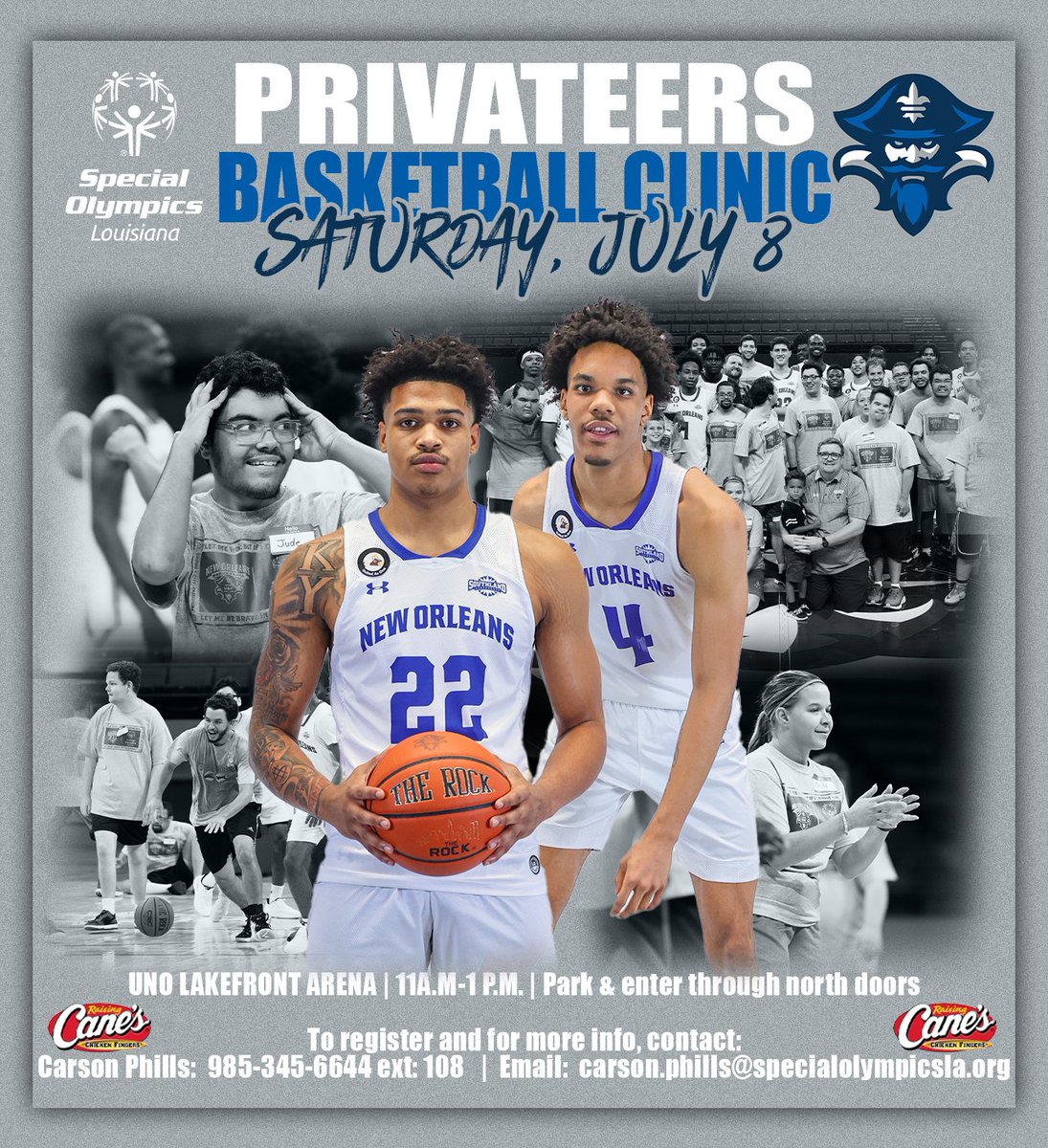 On Saturday, July 8 <a href="/PrivateersHoops/">New Orleans Men’s Basketball</a> is excited to welcome our friends back to <a href="/LakefrontArena/">UNO Lakefront Arena</a> for our summer <a href="/SOLouisiana/">Special Olympics LA</a> Basketball Clinic. Thanks to our partner <a href="/raisingcanes/">Raising Cane's</a> #SpecialOlympics #Unified #Basketball