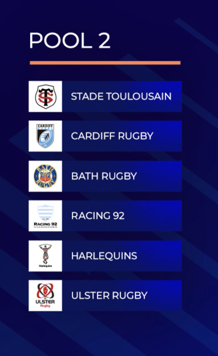 @Harlequins @ChampionsCup @StadeToulousain @Cardiff_Rugby @racing92 @UlsterRugby And bath ? Is that right ??