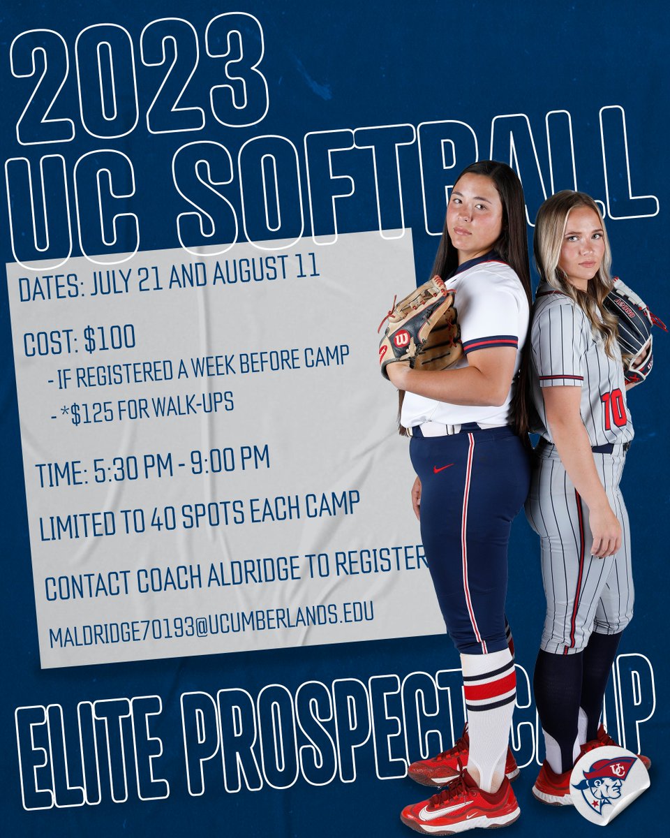 Come learn from the #3 team in the NAIA!

UC Softball will be hosting our annual Elite Prospect Camp on  July 21 and August 11 from 5:30-9:00. 

Email maldridge70193@ucumberlands.edu to register! Only 40 spots available for each camp.  GO PATS!