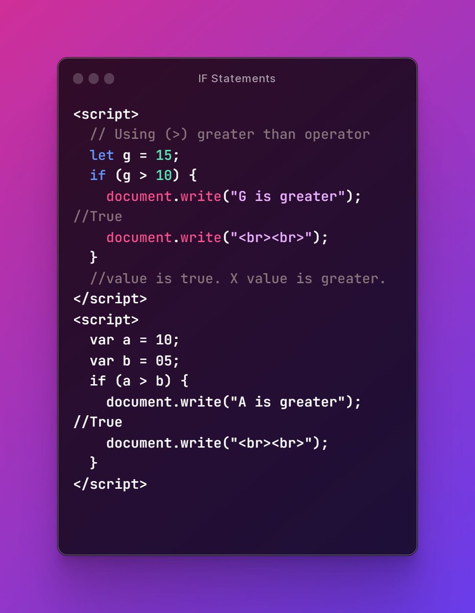 Day 4/100 | #100DaysOfCode

➡️ Practiced for IF statement
➡️ Conditional statements

#100Devs #learncode #webdev #frontend #javascript